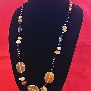 Vintage Black and Amber Beaded Long 28" Necklace